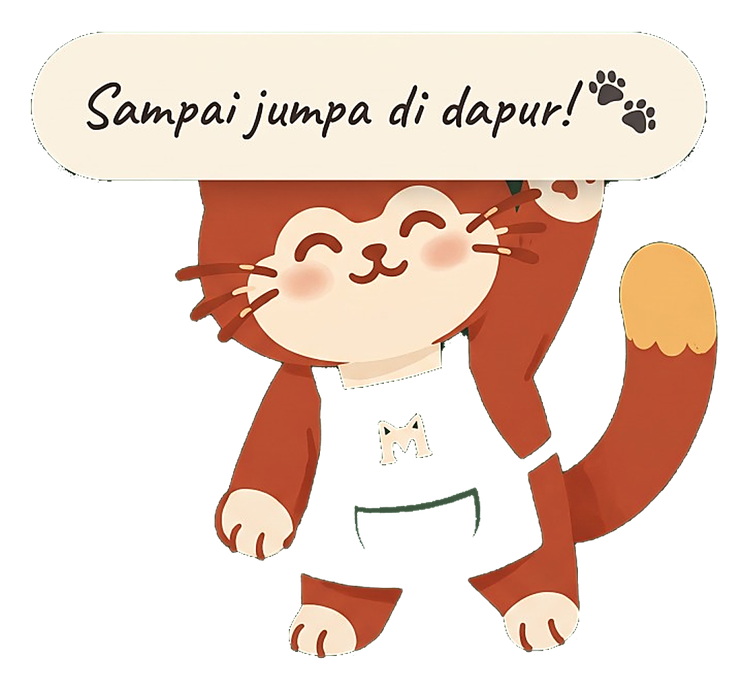 Maskot Meewnu memegang papan Sampai jumpa di dapur sambil melambaikan tangan