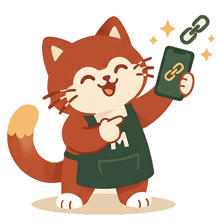Maskot Meewnu mengangkat ponsel dengan ikon link toko