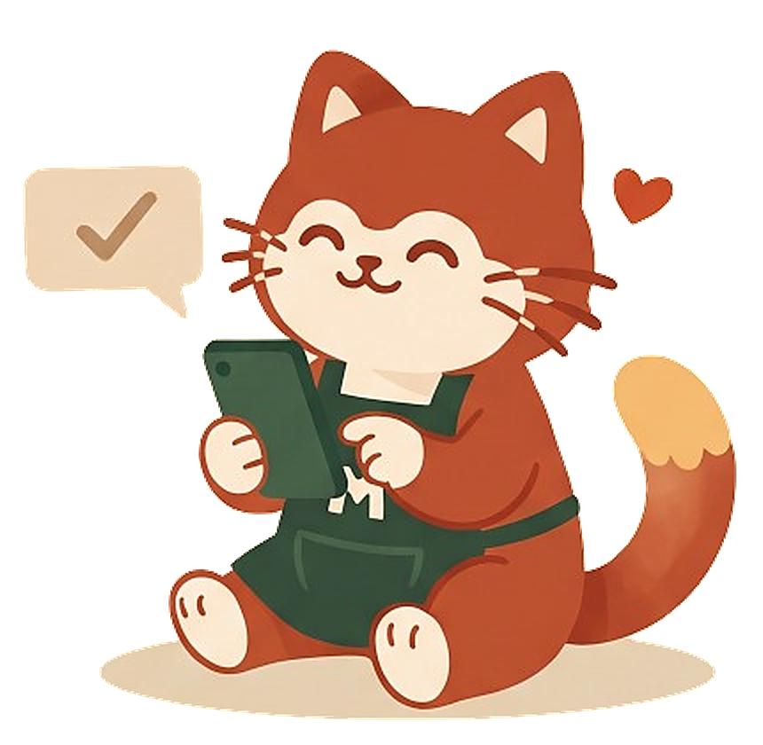Maskot Meewnu tersenyum membaca pesan WhatsApp pesanan di ponsel