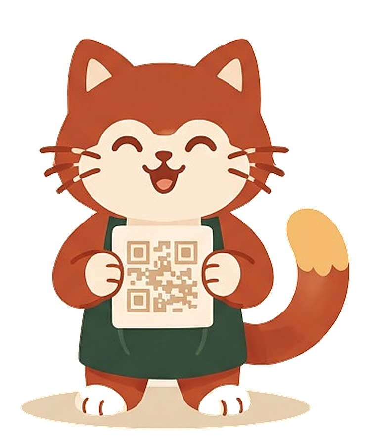 Maskot Meewnu memegang kartu kode QR toko dengan bangga