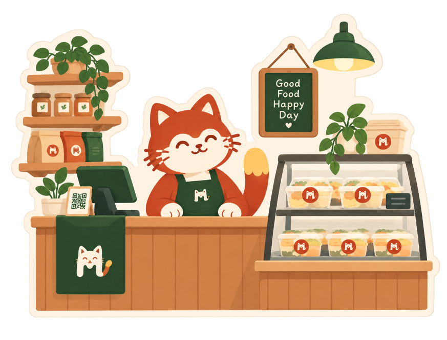 Ilustrasi toko makanan Meewnu dengan maskot kucing ramah menjaga etalase PO makanan