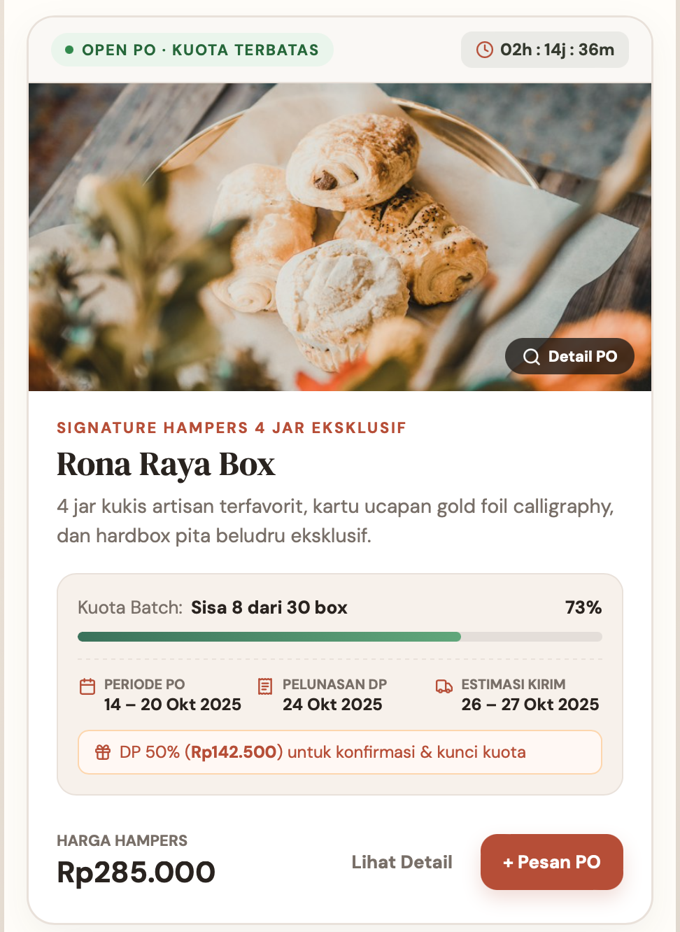 Layar Batch Pre-Order Rona Raya Box di Meewnu Catalog